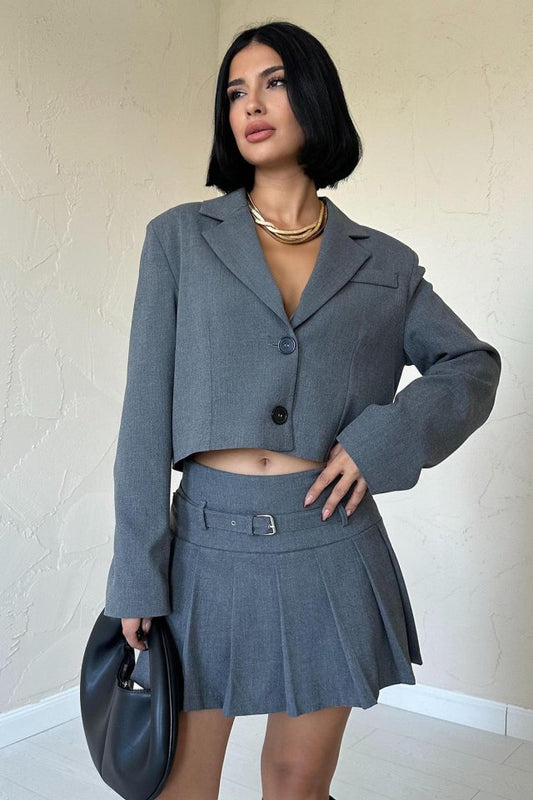 Gri Bomber Ceket Ve Pileli Etek Takım