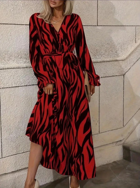 Kadın Uzun Kollu Kruvaze Yakalı Kuşaklı Zebra Desenli Süprem Maxi Elbise