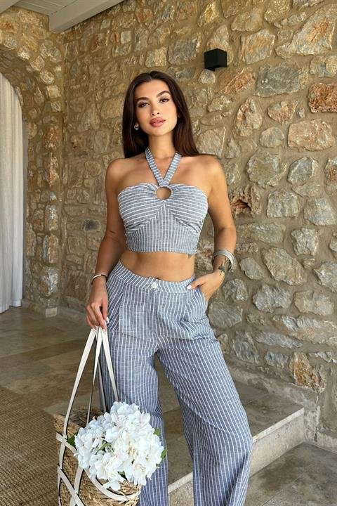 Vesna Keten Çizgili Crop Takım 9806-0025