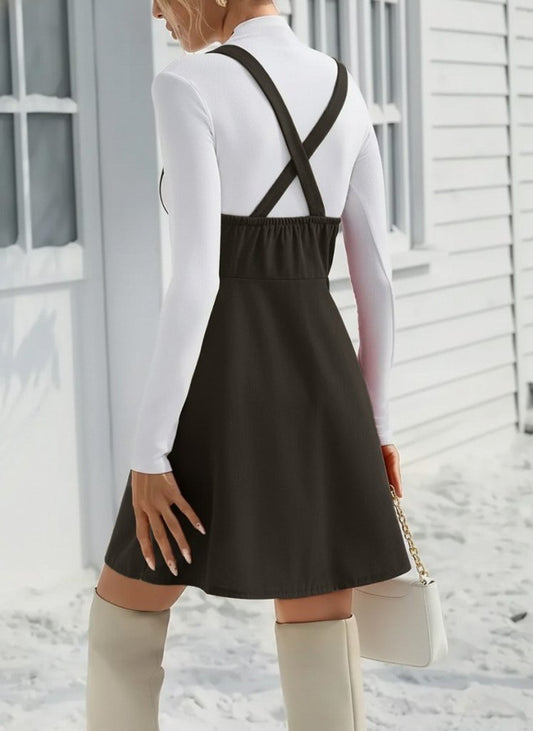 Kadın Askılı Düğmeli Mini Süet Elbise