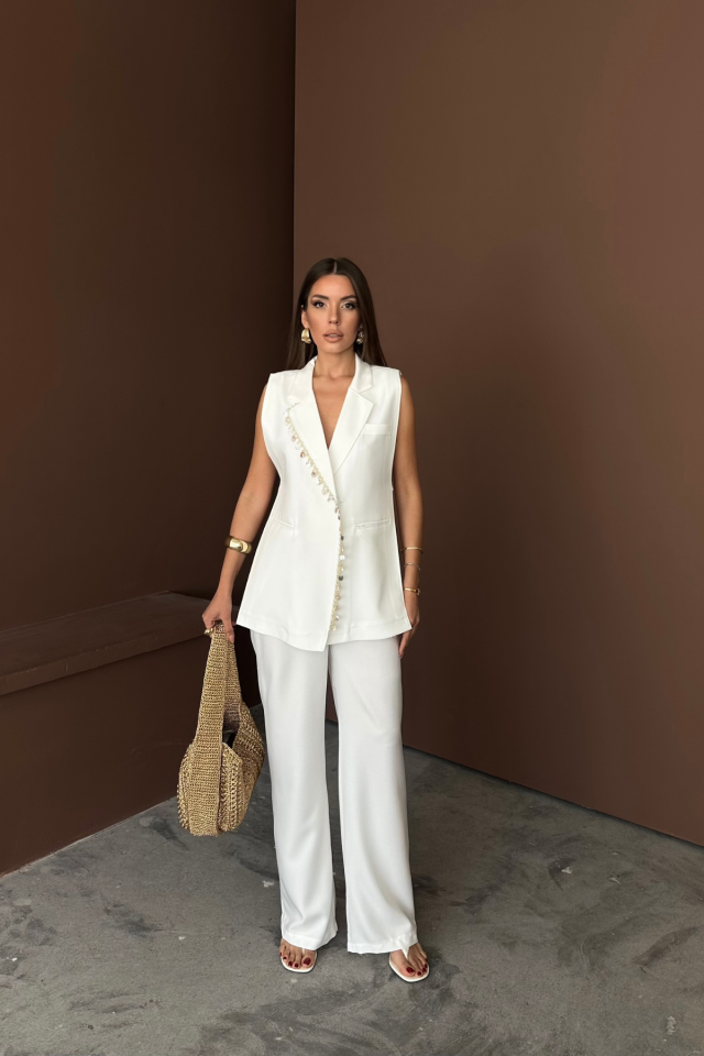 YAKA MİDYE KABUĞU SIRALI YELEK - PANTOLONTAKIM KETEN KUMAŞ - Beyaz