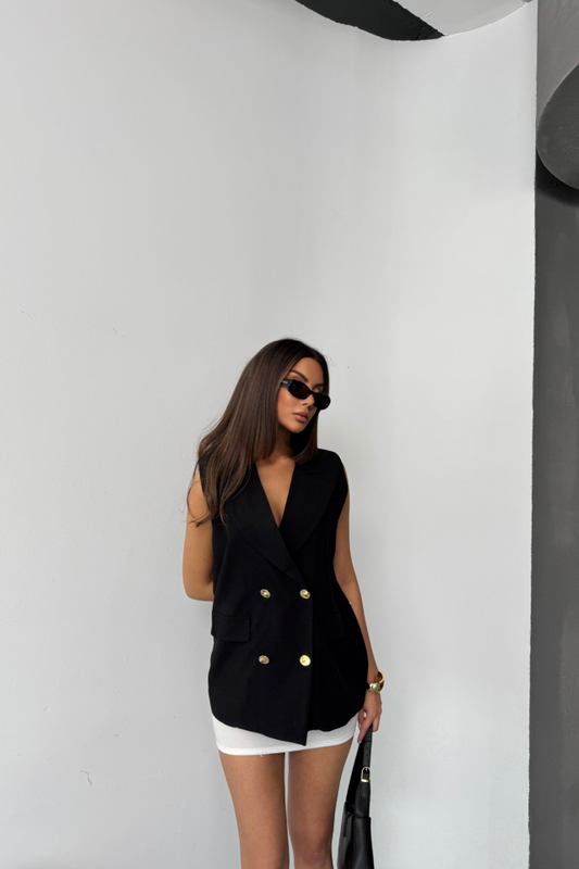 GOLD DÜĞMELİ KETEN YELEK - Siyah