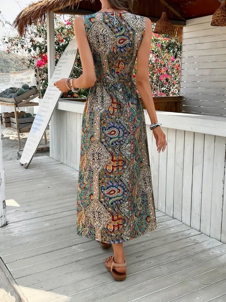 Kadın Kolsuz V Yakalı Desenli Süprem Tulum Elbise