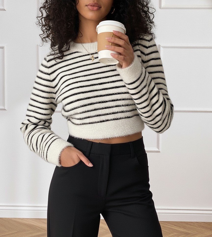 Kadın Uzun Kollu Balıkçı Yaka Crop Triko Bluz