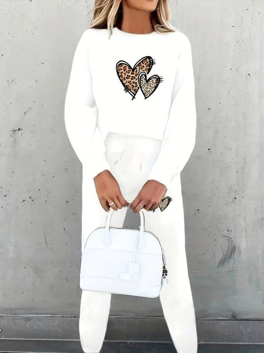 Kadın Uzun Kollu Bisiklet Yaka Kalp Desenli şardonlu üç Iplik Bluz Ve Pantolon Ikili Takım