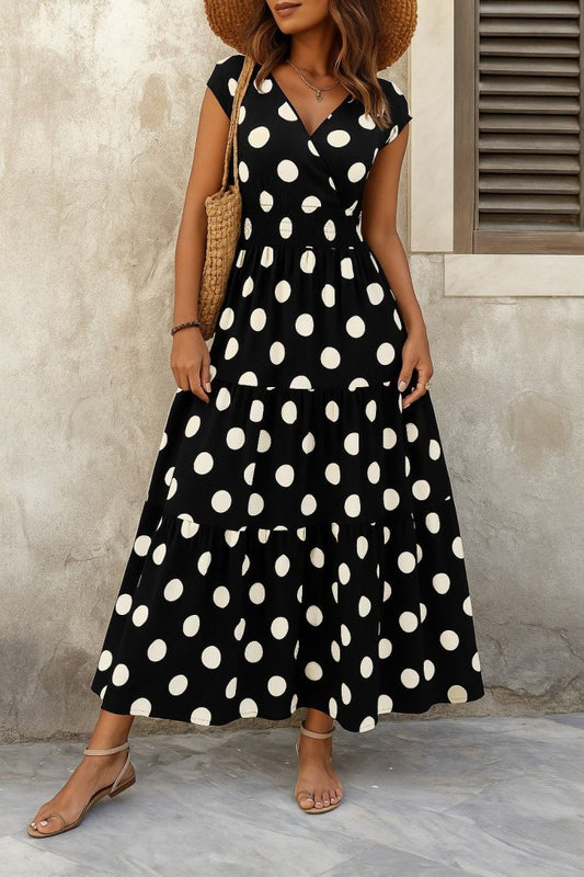 Kadın Kısa Kollu Kruvaze Yaka Beli Lastikli Süprem Maksi Boy Elbise