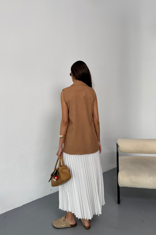 GOLD DÜĞMELİ KETEN YELEK - Kahverengi