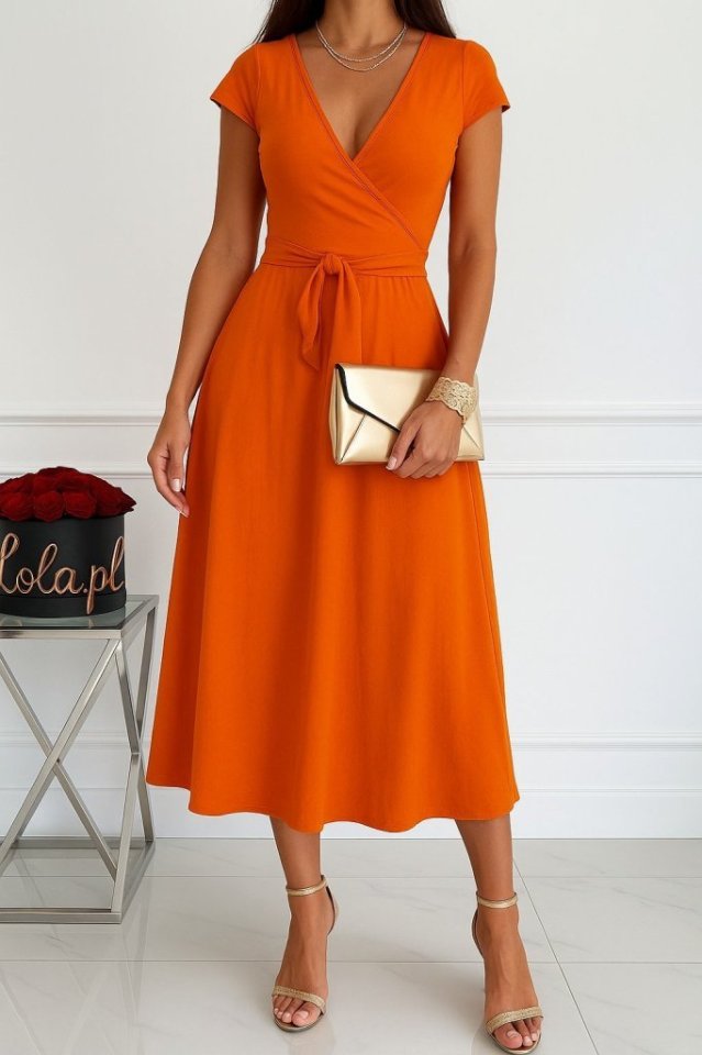 Kadın Kısa Kollu V Yakalı Belden Kuşaklı Maksi Boy Viskon Elbise