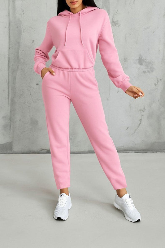 Kadın Uzun Kollu Kapşonlu Bağcıklı üç Iplik Bluz Ve Pantolon Ikili Takım
