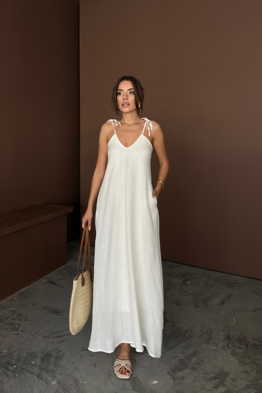 ASKILI UZUN SALAŞ MÜSLİN ELBİSE - Beyaz