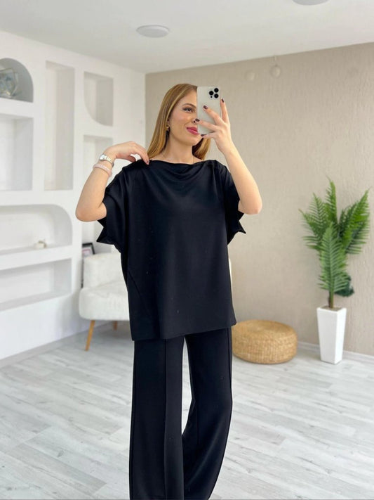 Kadın Kısa Kollu Kayık Yakalı Dikiş Izi Detaylı Viskon Iki Iplik Bluz Ve Pantolon Ikili Takım