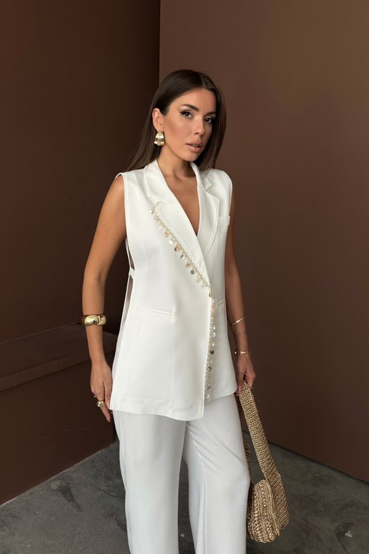YAKA MİDYE KABUĞU SIRALI YELEK - PANTOLONTAKIM KETEN KUMAŞ - Beyaz