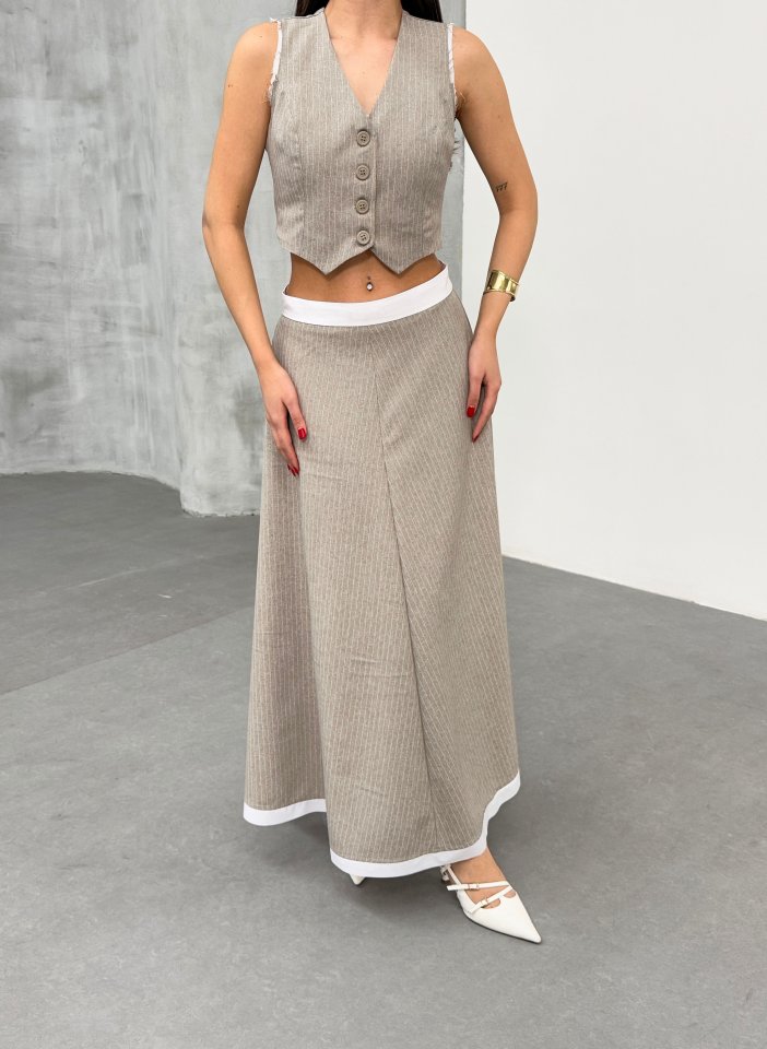 Gi̇o Çi̇zgi̇li̇ Garni̇li̇ Mi̇di̇ Etek Yelek Takim