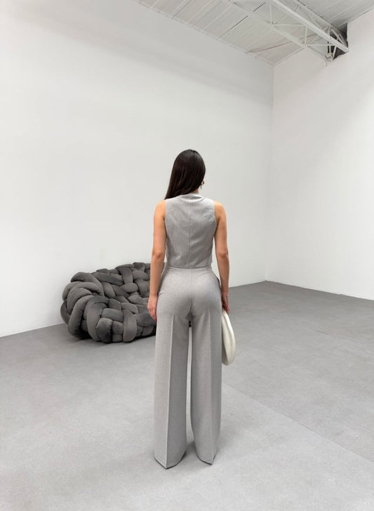 Toskana Çi̇zgi̇li̇ Kruvaze Yaka Tek Düğmeli̇ Yelek Pantolon Takim