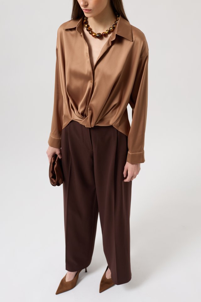 Bel Büzgülü Crop Saten Gömlek