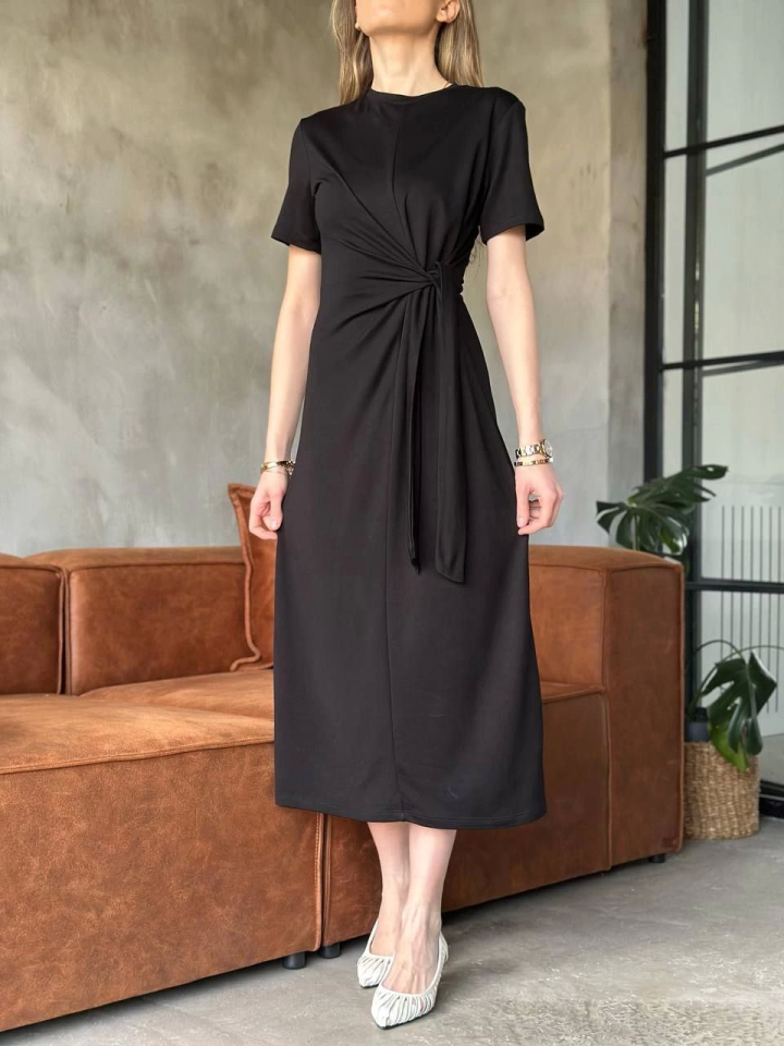 Osy Modal Yumuşak Dokulu KumaşYandan Bağlamalı Elbise - Siyah