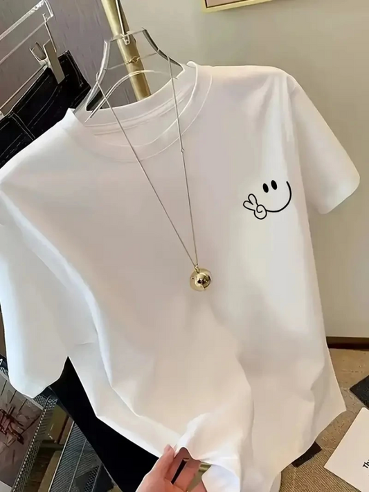 Baskılı Oversize Bisiklet Yaka T-shirt - Beyaz