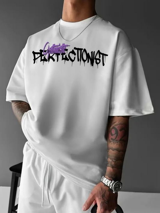 Baskılı Oversize Bisiklet Yaka T-shirt - Beyaz