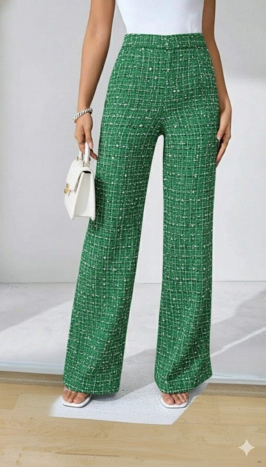 Kadın Yüksek Bel Paçaya Doğru Geniş Dokuma Pantolon