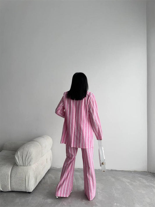 ÇİZGİLİ KETEN YELEK-PANTOLON TAKIM - Pembe