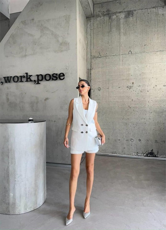 KETEN YELEK - ŞORT TAKIM - Beyaz