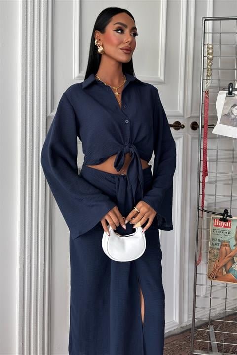 Crop Gömlekli Ve Eteği Büzgülü Tasarım Takım 10195