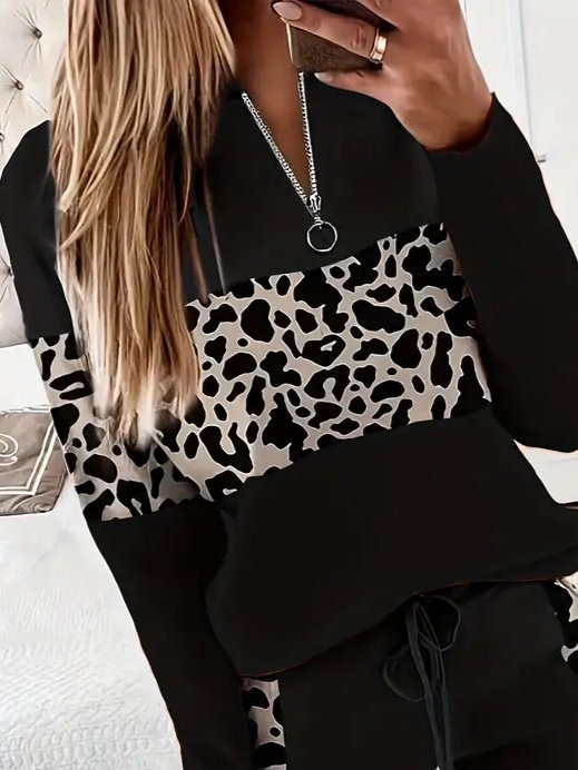 Kadın Uzun Kollu Fermuarlı Karışık Desenli Viskon Iki Iplik Bluz Ve Pantolon Ikili Takım