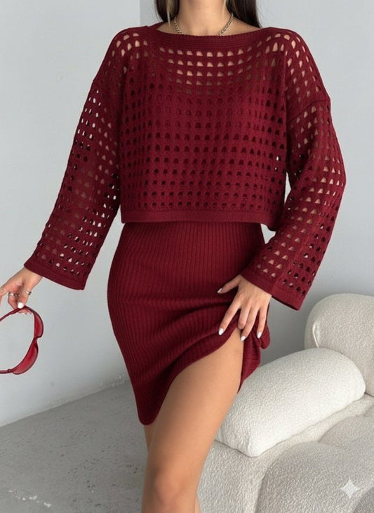 Kadın Uzun Kollu Delikli Kazak Askılı Elbise Triko Ikili Takım