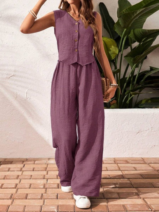 Kadın Sıfır Kollu Düğmeli Yelek Ve Pantolon Bürümcük Ikili Takım