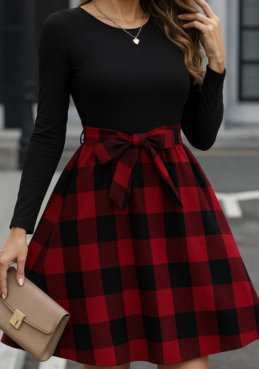 Kadın Uzun Kollu Bisiklet Yaka üst Viskon Alt Ekose Kısa Elbise