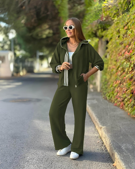 Kadın Uzun Kollu Kapşonlu Onu şerit Detaylı Fermuarlı Viskon Iki Iplik Bluz Ve Pantolon Ikili Takım