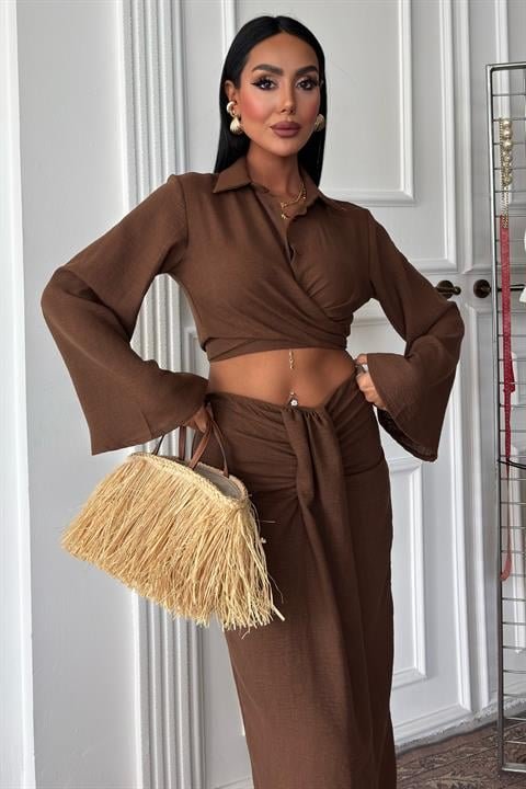 Crop Gömlekli Ve Eteği Büzgülü Tasarım Takım 10195