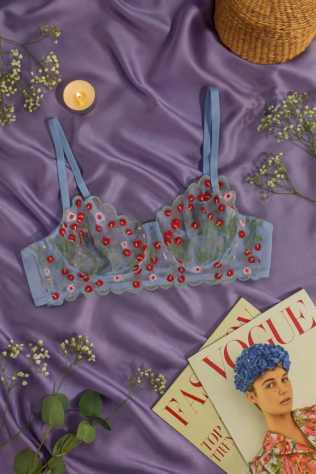 Dantel İşlemeli Çiçek Desenli Transparan Bralet Tanga Takım - Mavi