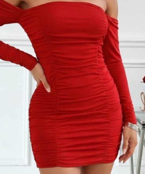 Kadın Uzun Kollu Omuzlardan Açık Takma Kollu Büzgülü Sandy Kısa Elbise