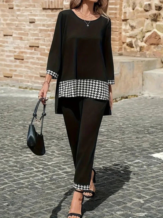 Kadın Uzun Kollu Yuvarlak Yakalı Kaz Ayağı Detaylı Viskon Iki Iplik Bluz Ve Pantolon Ikili Takım