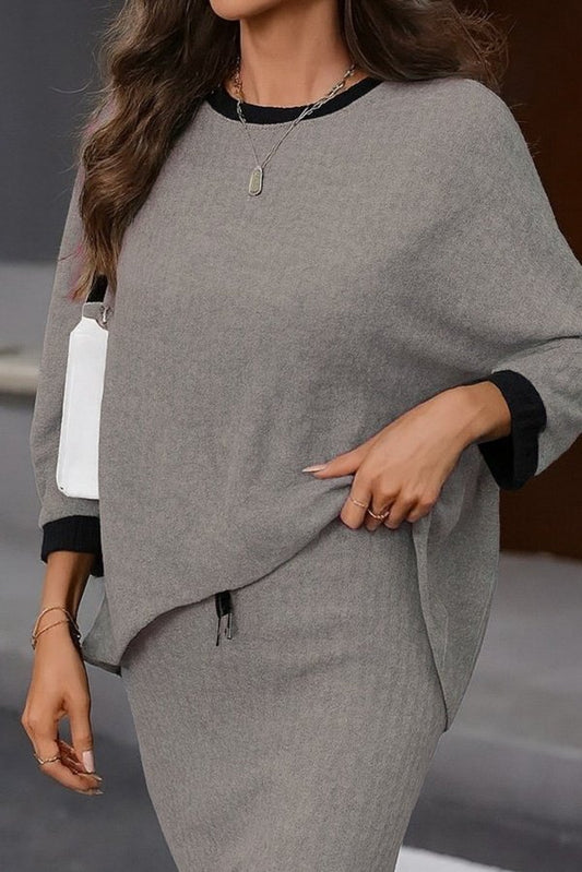 Kadın Uzun Kollu Yakası Açık şardonlu Kaşkorse Bluz Ve Eteği Bağcıklı Ikili Takım