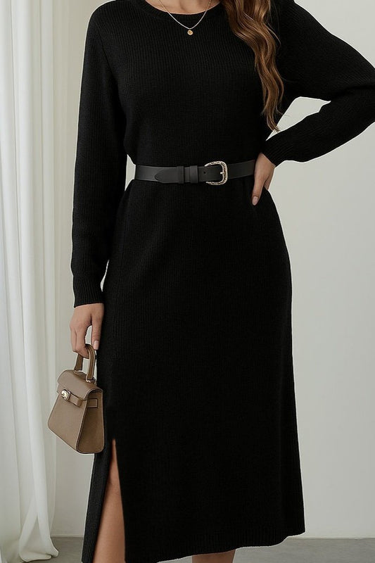 Kadın Uzun Kollu Bisiklet Yaka Yandan Yırtmaçlı Midi Triko Elbise