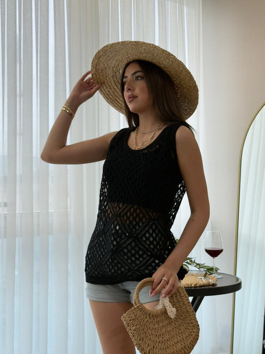 Kadın Askılı Yuvarlak Yaka Geometrik Desenli Triko Bluz