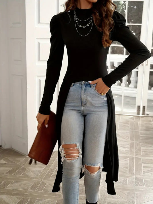 Kadın Uzun Balon Kollu Yarı Balıkçı Yaka önü Açık Kaşkorse Tunik