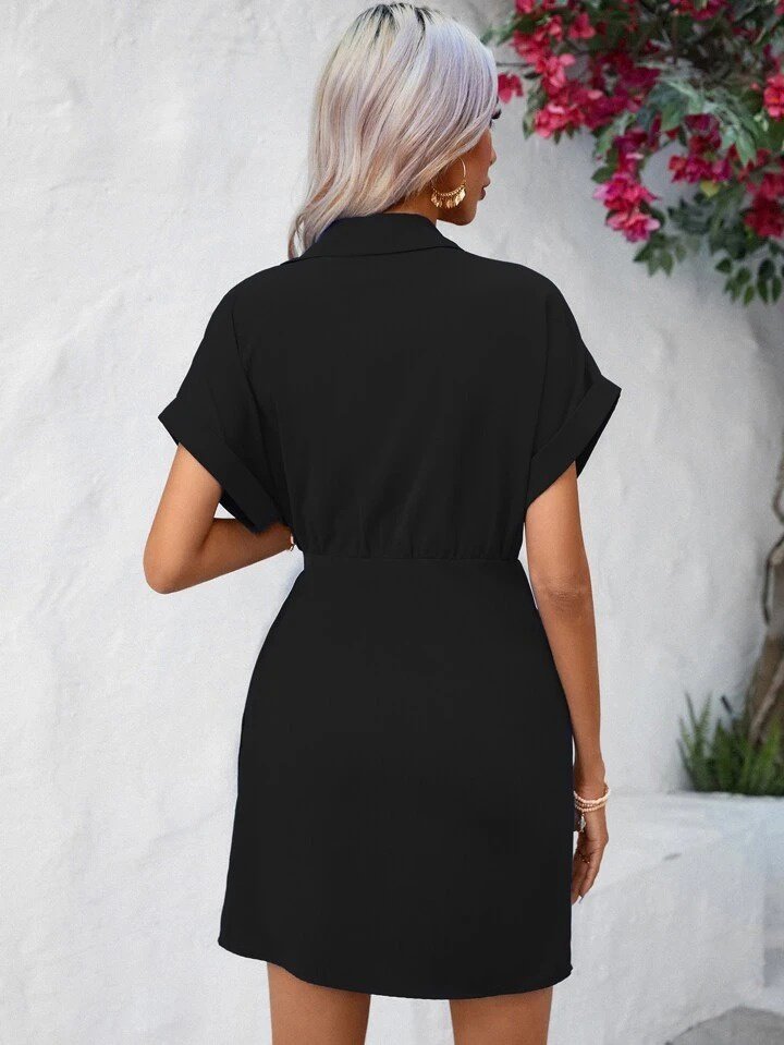 Kadın Kısa Kollu Yakalı Yandan Bağlamalı Dokuma Elbise