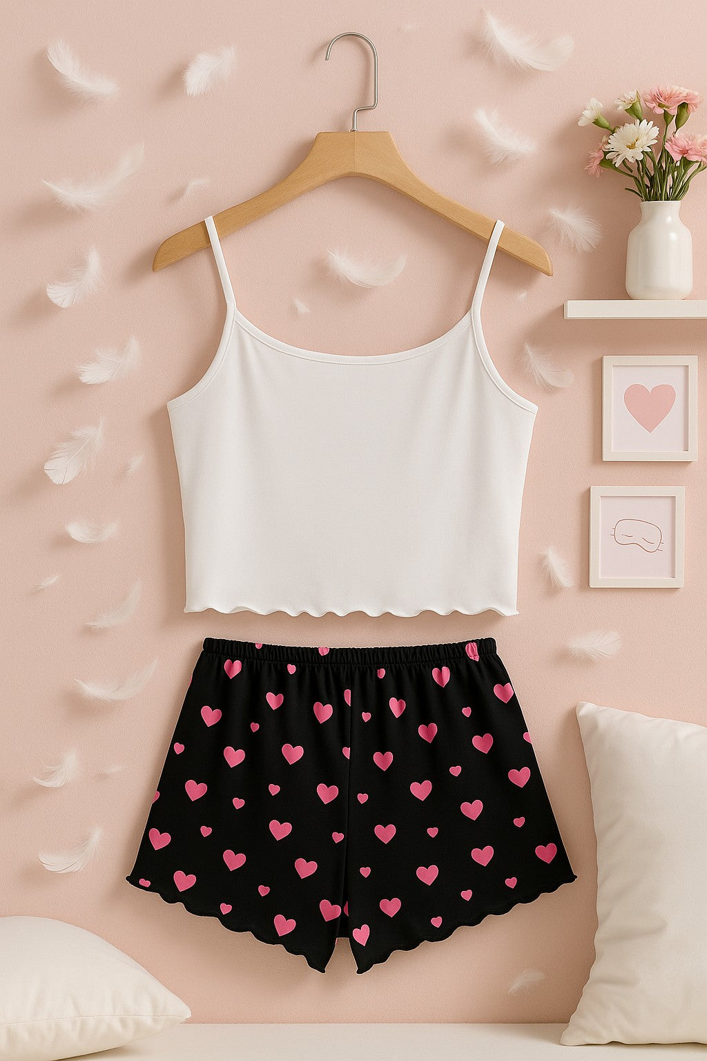 Kalp Desenli Askılı Şortlu Pijama Takımı