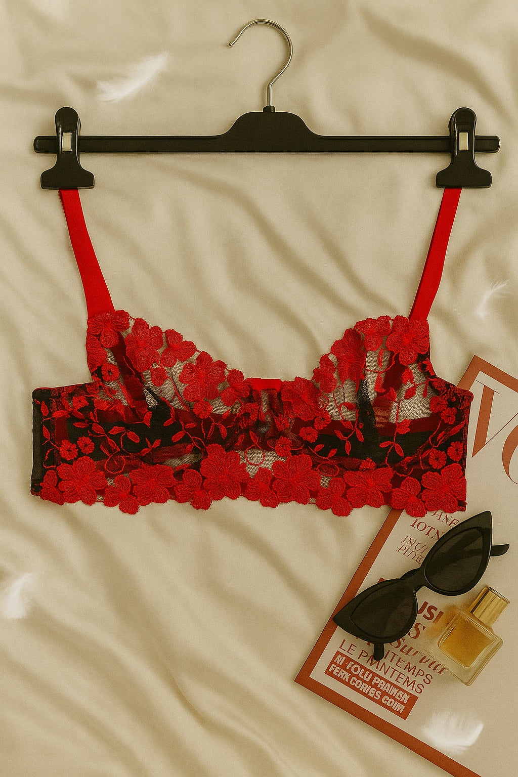 Kırmızı Çiçek İşlemeli Siyah Dantelli Sütyen Külot Takımı