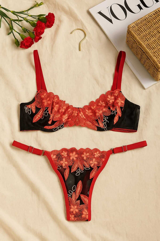 ❤️ Kırmızı Çiçek İşlemeli Transparan Dantel Sütyen Külot Takımı