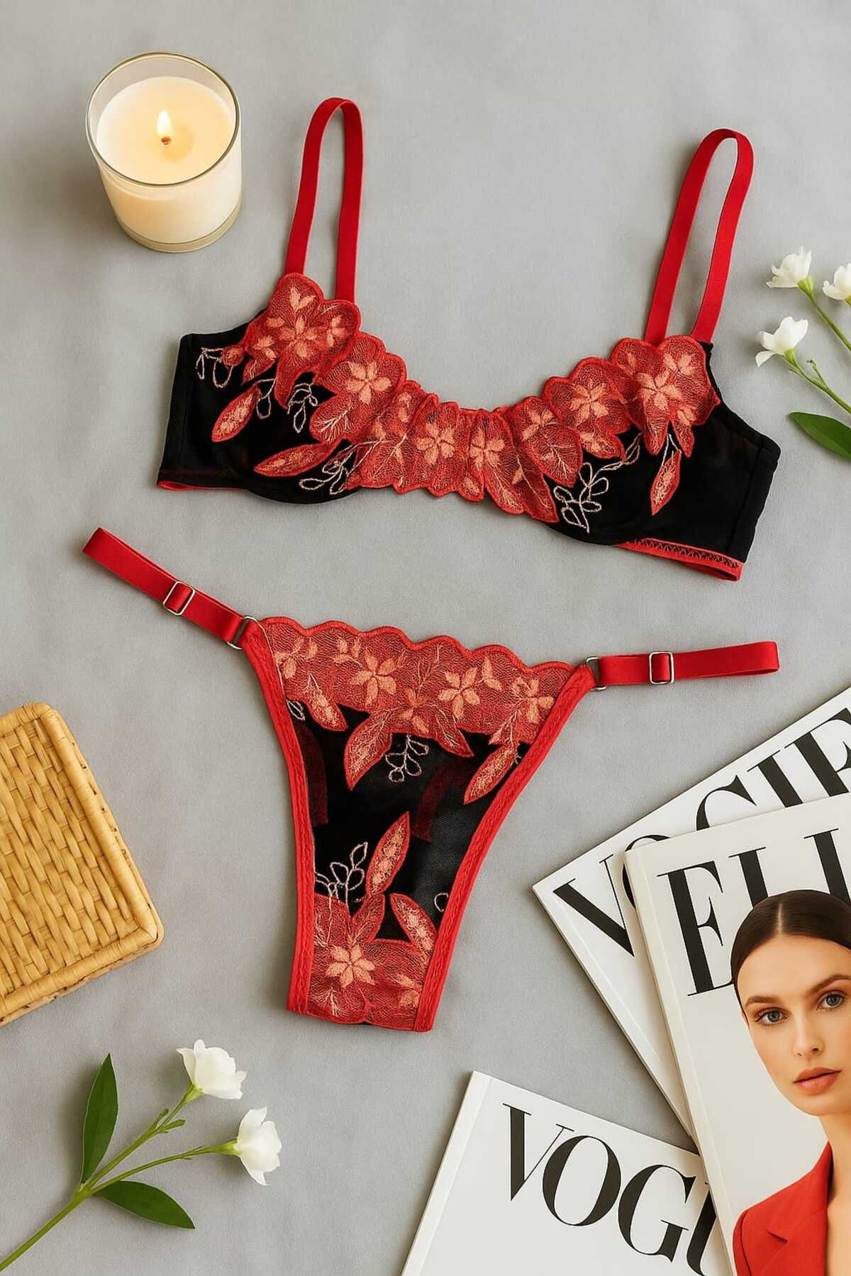 ❤️ Kırmızı Çiçek İşlemeli Transparan Dantel Sütyen Külot Takımı