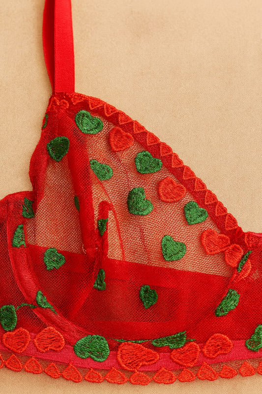 Kırmızı Kalp Desenli Transparan Tül Bralet Tanga Takım