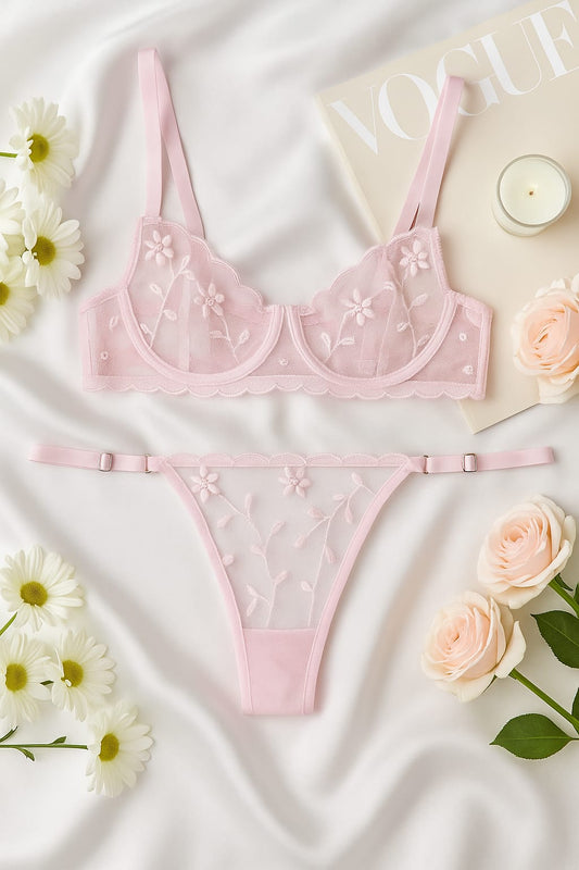 Pembe Çiçek Desenli Dantel Bralet Külot İç Giyim Takımı