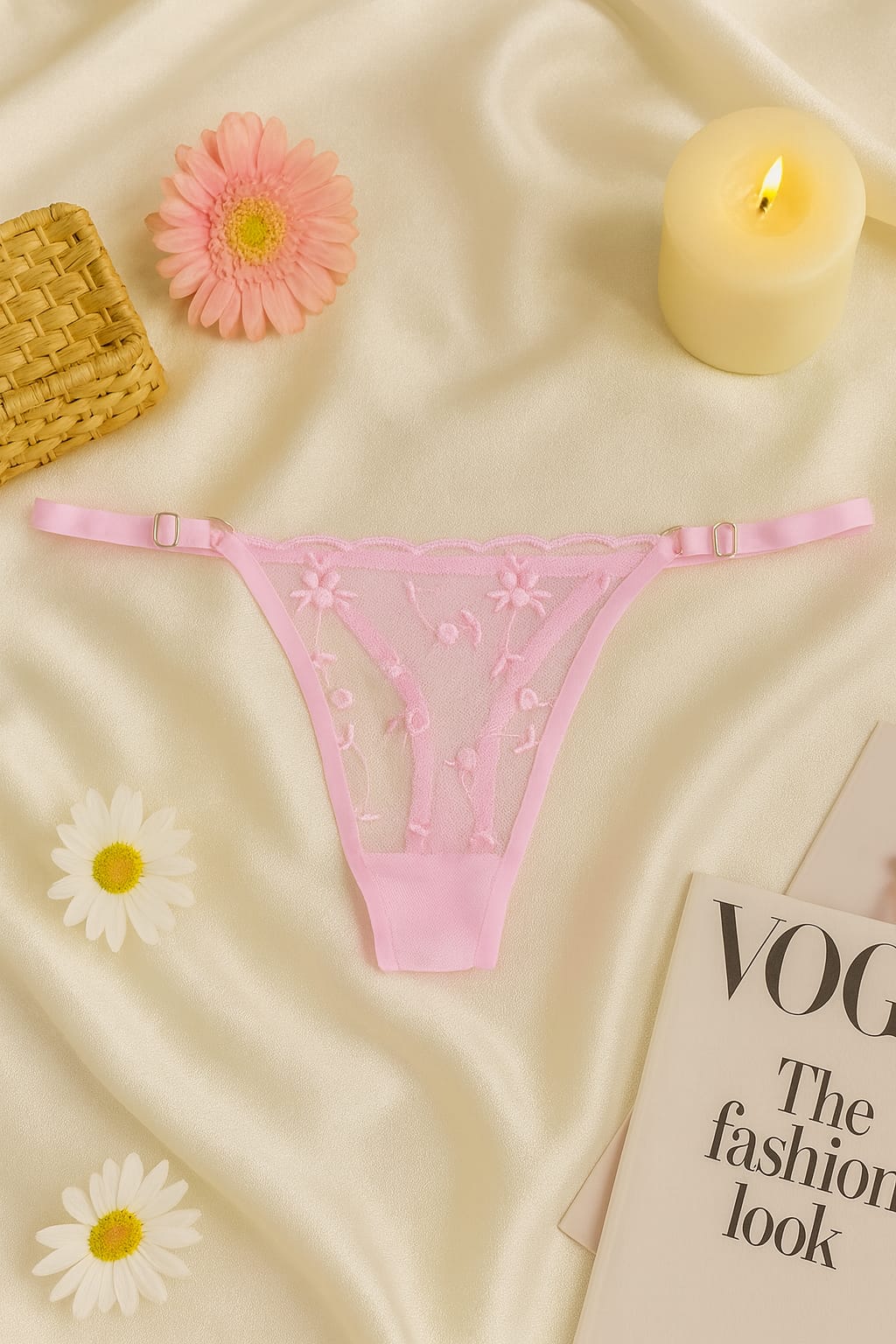 Pembe Çiçek Desenli Dantel Bralet Külot İç Giyim Takımı