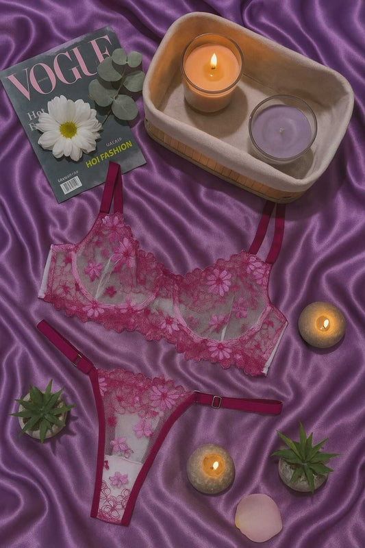 Pembe Çiçek İşlemeli Transparan Dantel Bralet Tanga Takım