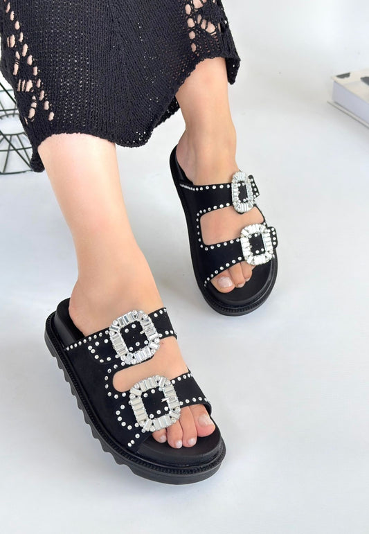 Juana Siyah Nubuk Taşlı Terlik