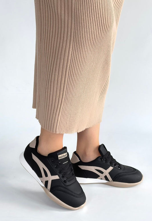 Zlay Siyah Cilt Bej Detaylı Bağcıklı Spor Ayakkabı